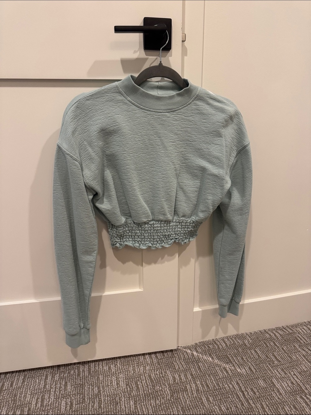 Cropped Smocked-Hem Long Sleeve Top - Sage Green